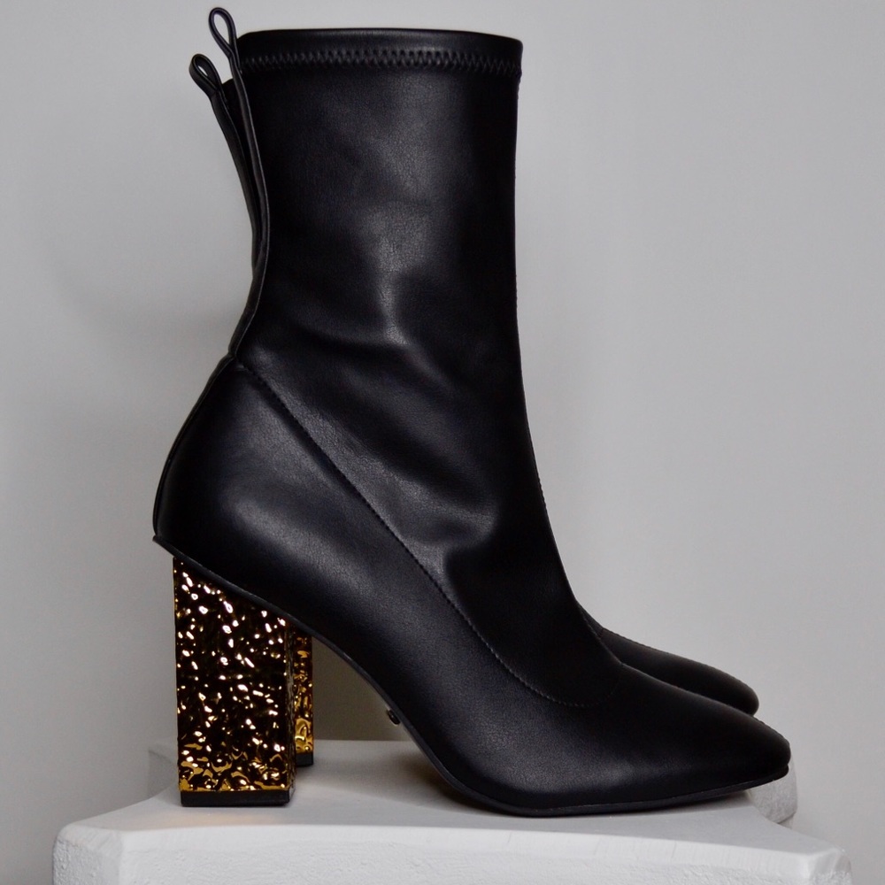 Leather Black Booties with Gold Heel
